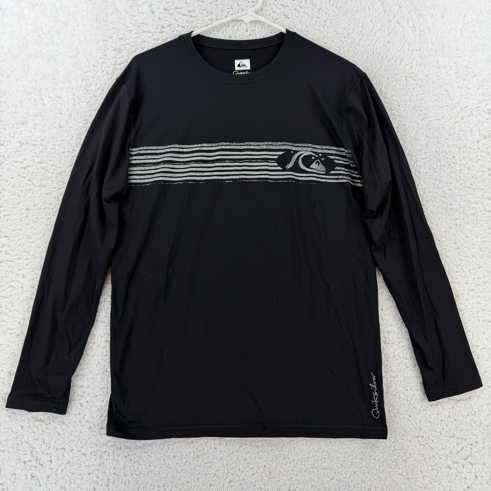 Quiksilver Mens Medium Black Long Sleeve Surf Rash Guard Top Swim Shirt Stripe